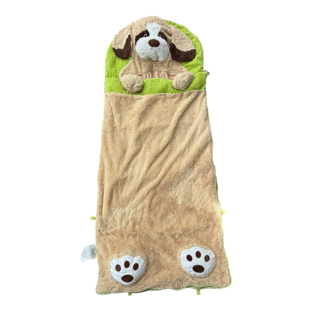 Hugfun Kids Plush Puppy Dog Sleeping Bag Tan Green 66x27.5 Slumber Bag
